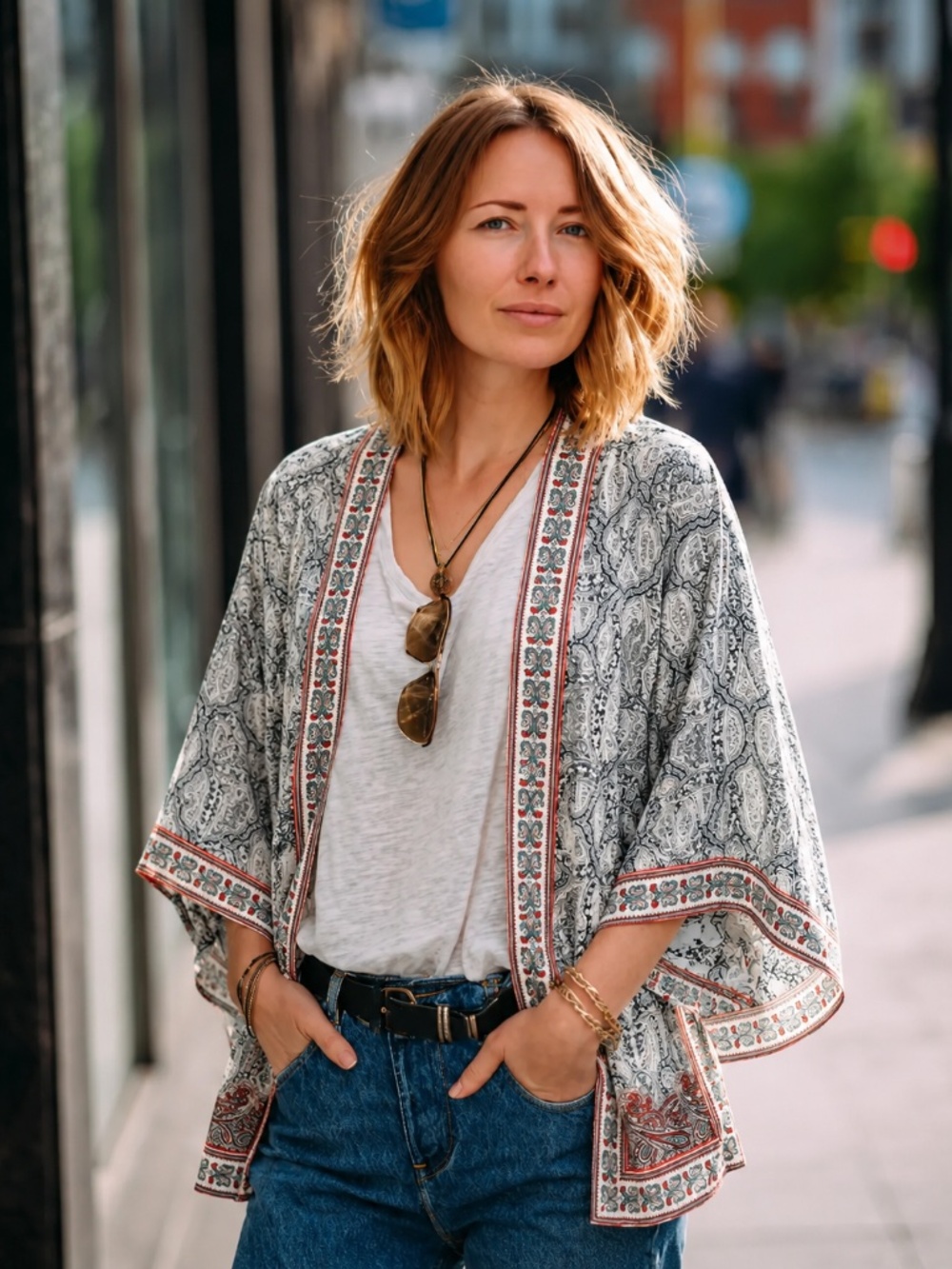 Boho Max Studio Paisley Border Print Open Front Kimono Cardigan 8W11D20